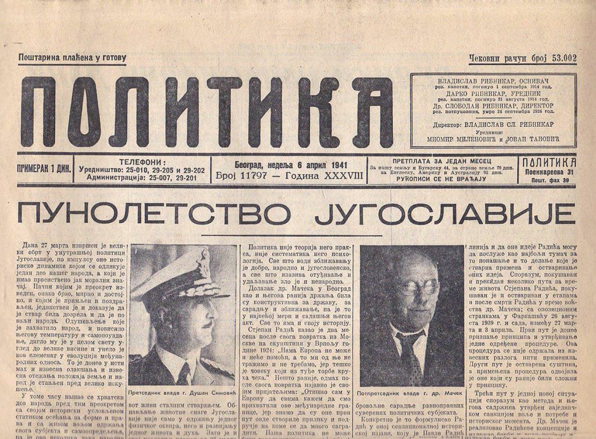 List Politika, naslovna izdanja za 6. april 1941. godine