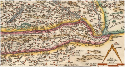 Detalj geografske karte iz 1584 na kojim a su prikazane Srbija, Panonija, Slavonija, Bosna