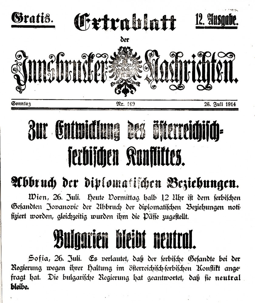 Innsbrucker Nachrichten, 26. Juli 1914 : Austrijsko-srpski konflikt. Bugarska neutralna