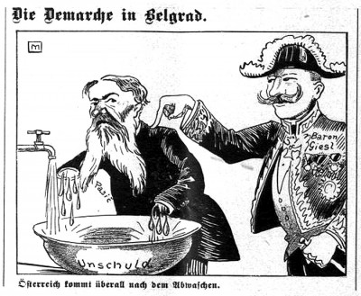 Austrougarski ultimatum Srbiji 1914. Karikatura iz austrijske štampe na kojoj su Nikola Pašić i baron Giesl