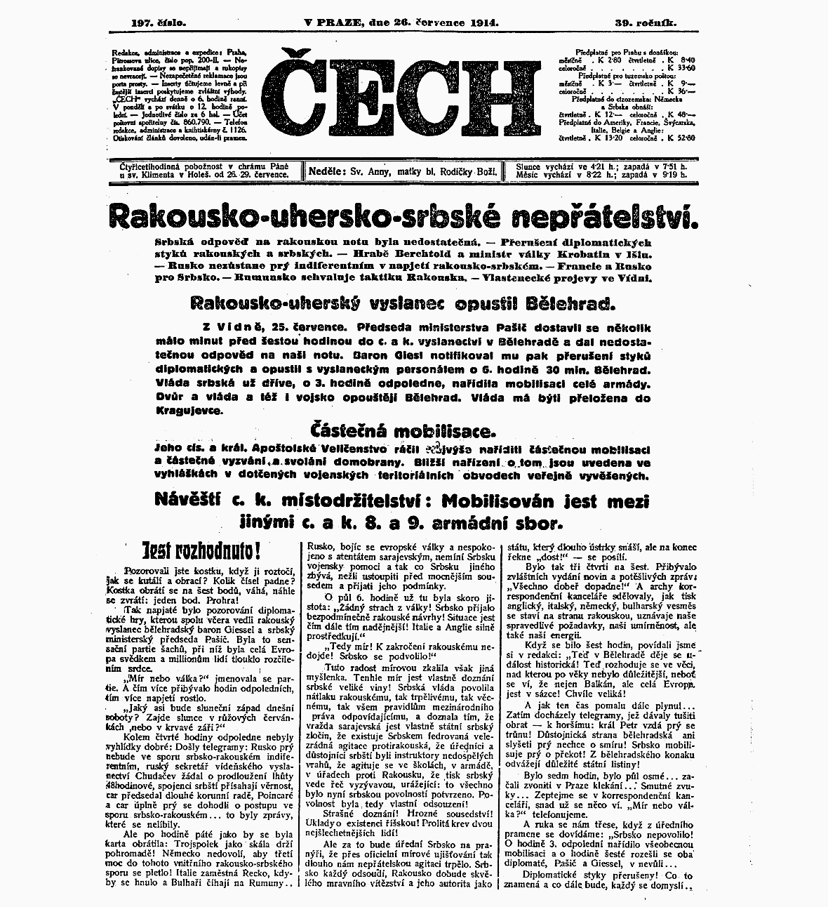Češke novine - Čech - pišu o ratu sa Srbijom. Prag 26. jul 1914.