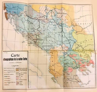 Etnografska karta srpskog naroda od Jovana Cvijića, objavljena 1908 u knjizi: Aneksija Bosne i Hercegovine...