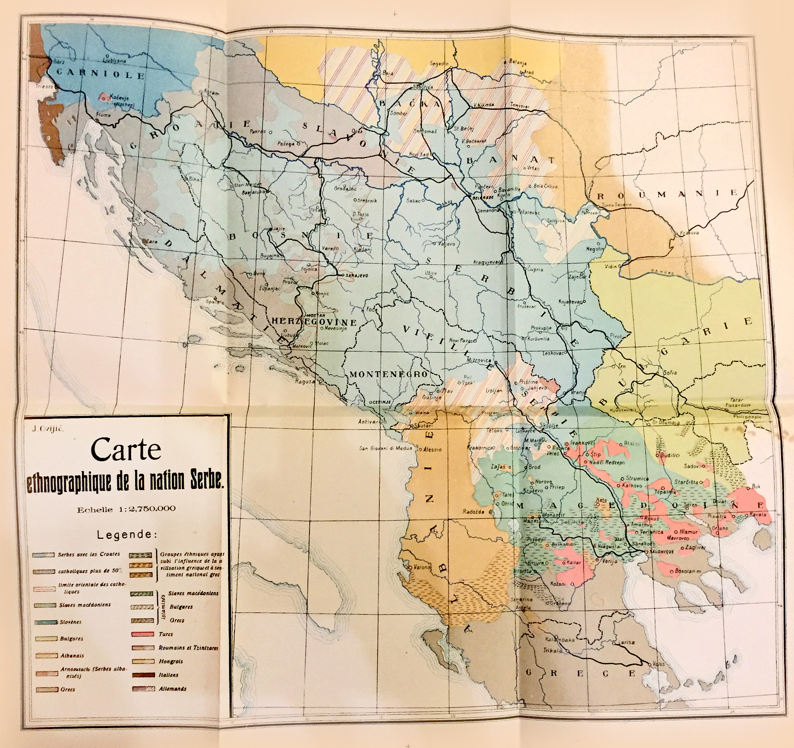 Etnografska karta srpskog naroda od Jovana Cvijića, objavljena 1908 u knjizi: Aneksija Bosne i Hercegovine...