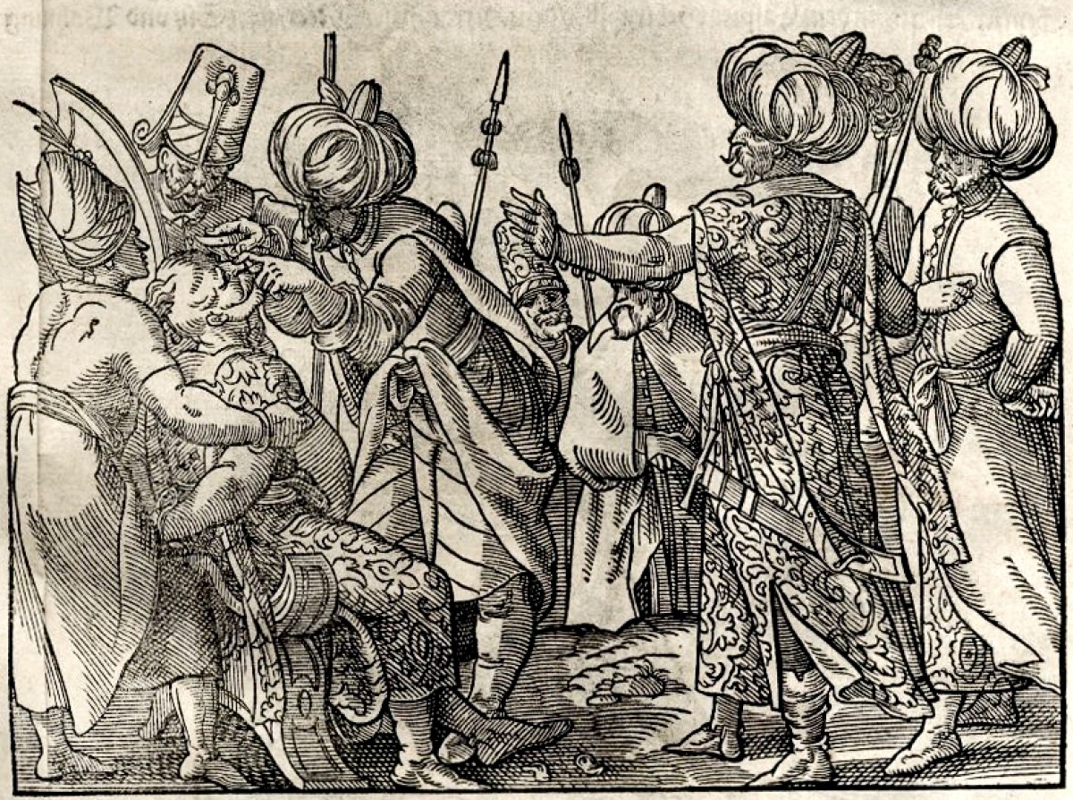 Trojica Turaka i dvojica janičara seku lice čoveku vezanom za stolicu. Ilustracija iz Turske hronike, Vasko Diaz Tanko, Frankfurt 1577. god.