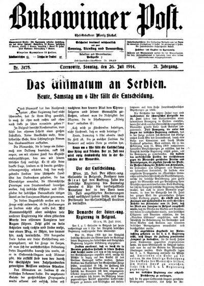 Vesti o Julskom ultimatumu Srbiji donosi i Bukowinaer Post, Czernowitz (danas Ukrajina) 26. VII 1914