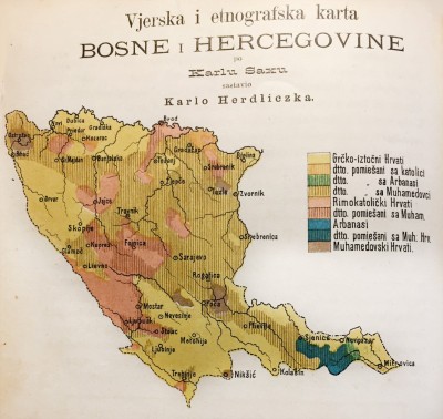 Verska i etnografska karta Bosne (bez Srba) po Karlu Saxu, sastavio Karlo Herdliczka, objavio u knjizi 