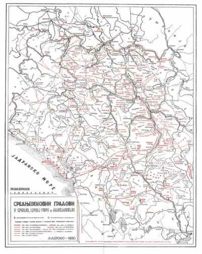 Istorijska karta: Srednjevekovni gradovi u Srbiji, Crnoj Gori i Makedoniji - A. Deroko (1950)