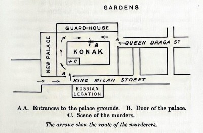 Skica Starog konaka i okolnih zgrada sa ucrtanom putanjom zaverenika u noći 28/29. maja 1903. Iz: The Servian tragedy, London 1904
