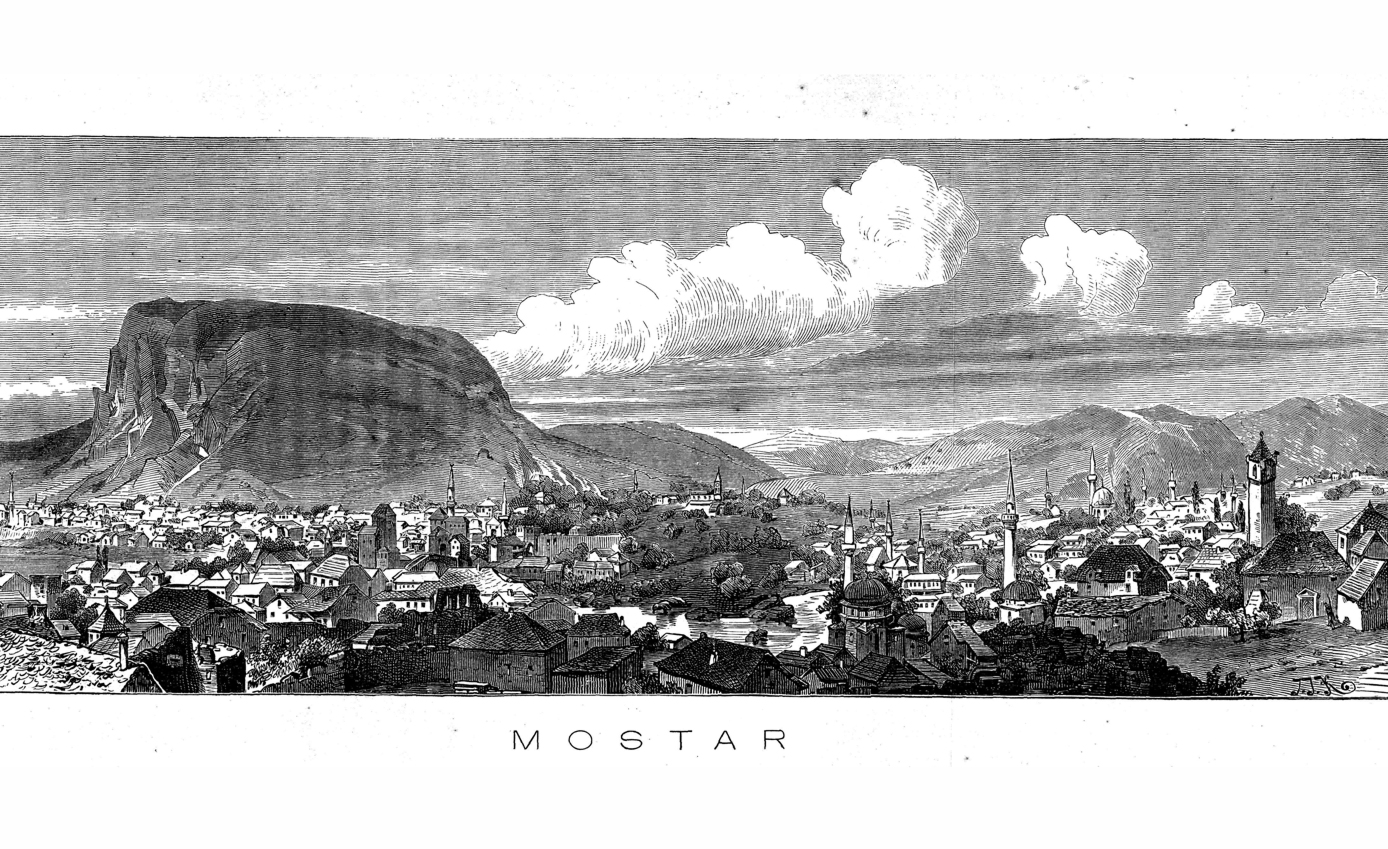 Mostar, panorama, Hercegovina, gravira iz XIX veka