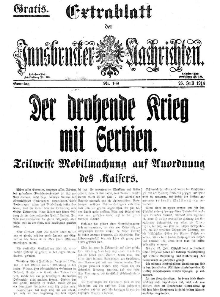 Innsbrucker Nachrichten, 26. Juli 1914 : Predstojeći rat sa Srbijom