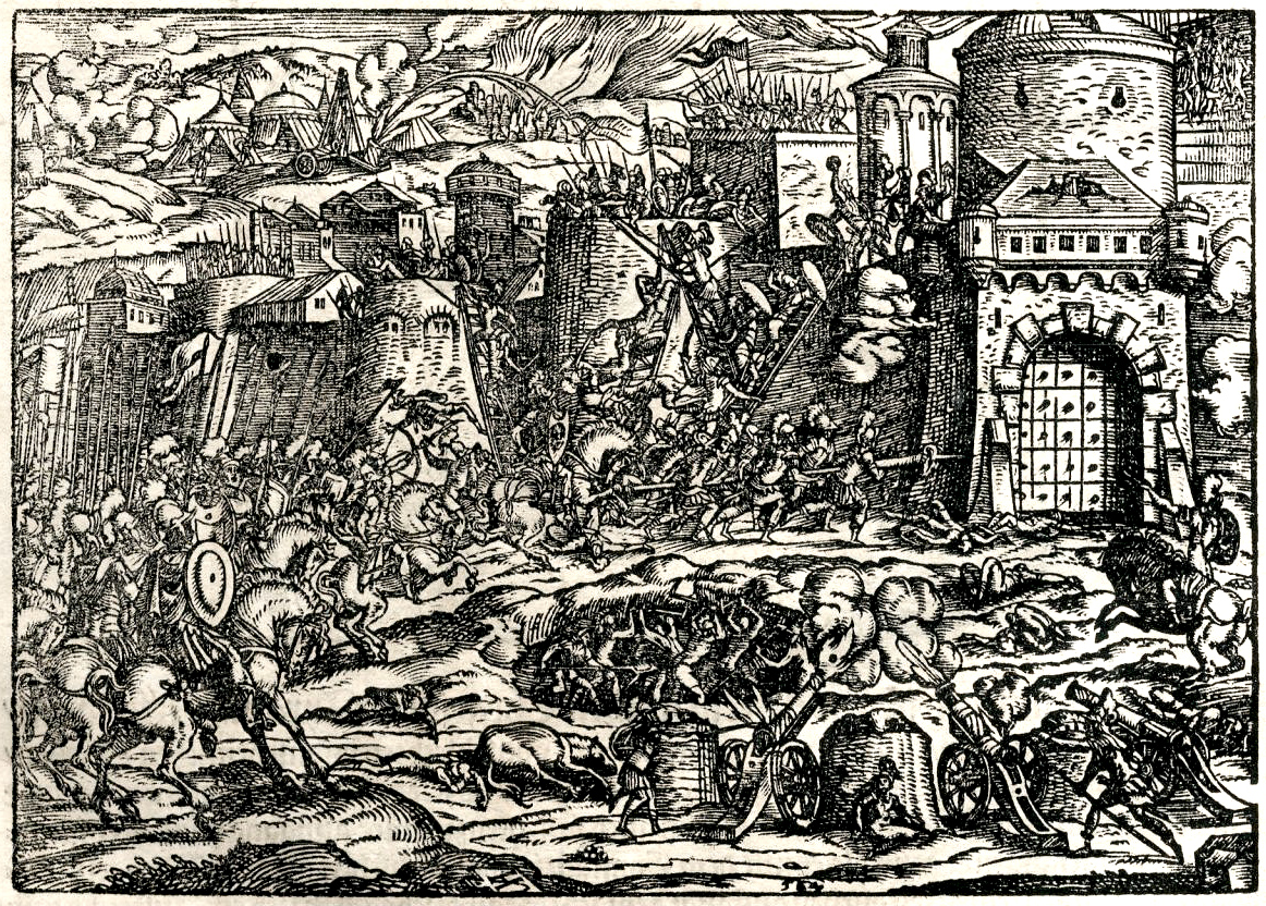 Prikaz srednjovekovne opsade. Ilustracija iz knjige: Turska hronika, Frankfurt 1577