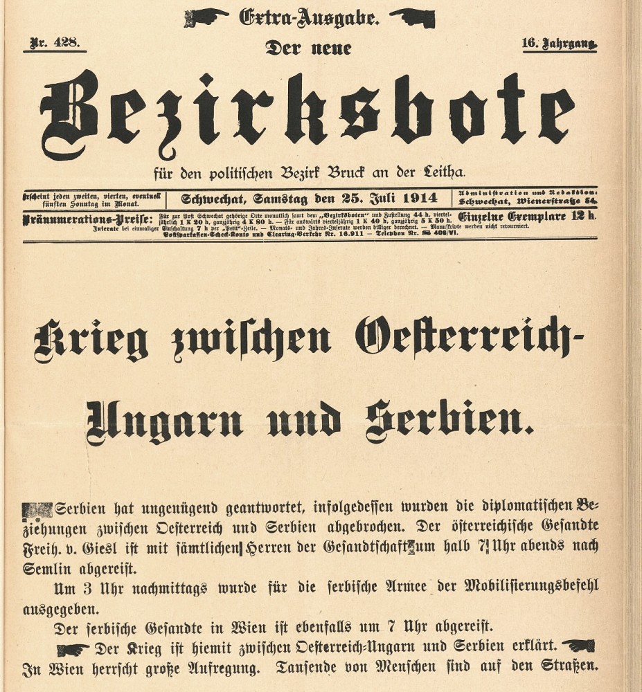 Rat Austro-ugarske i Srbije : Der neue Bezirksbote od 25. jula 1914. god