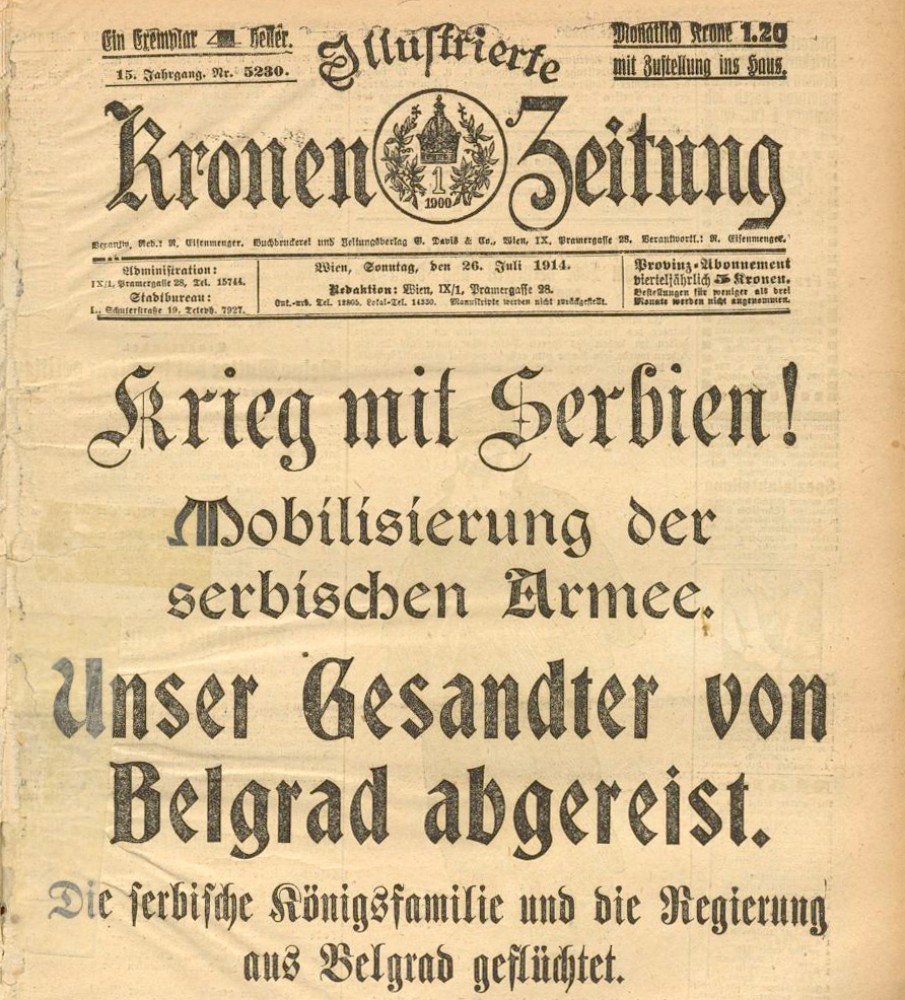 Rat sa Srbijom. Mobilizacija srpske vojske : Kronen Zeitung 26. 7. 1914