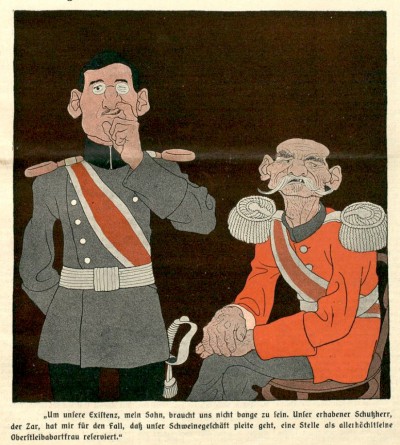 Regent Aleksandar i Kralj Petar I prikazani na austrougarskoj karikaturi od 3. septembra 1914.