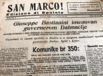 novine San Marco, edizione Spalato (Split) 21. svibanj 1941: Giuseppe Bastianini imenovan guvernerom Dalmacije (od saradnika Antonello Razza)