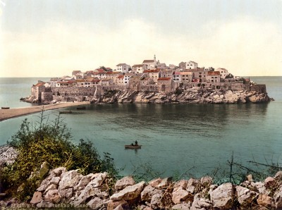 Sveti Stefan, pogled iz Budve (oko 1890). Crna Gora