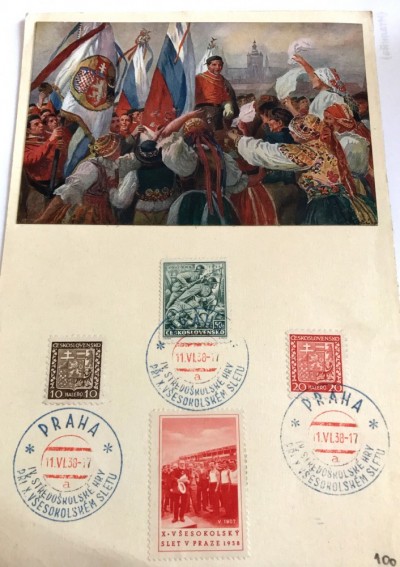 Svesokolski slet, Prag 1938, razglednica sa markicama (od saradnika Antonello Razza)
