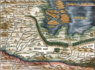 Trst, Istra, Dalmacija, Hrvatska, Bosna. Geografska karta, autor: S. Munster, Kosmografija (1552)