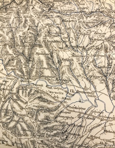 Trstenički kraj, Velika Drenova, Stragari, Milutovac, Medveđa na Austro-ugarskoj vojnoj karti iz 1908.