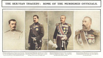 Majski prevrat 1903 : Neki od ubijenih zvaničnika. Iz časopisa The Sphere 20. jun 1903 (original, obojena)